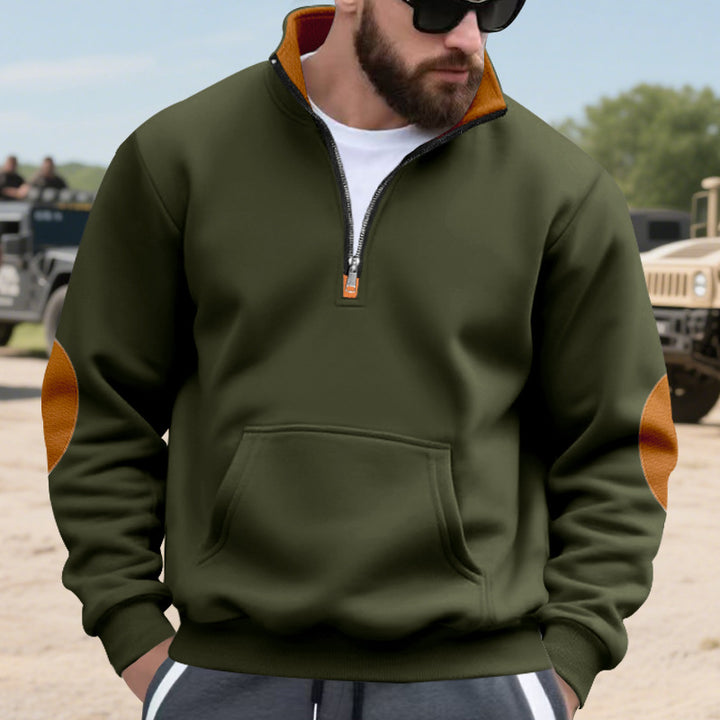 Men's Nano Insulated Half-Zip Pullover with Stand-Up Collar Fleece Lining Kangaroo Pocket and Suede Elbow Patches Mune Fashion