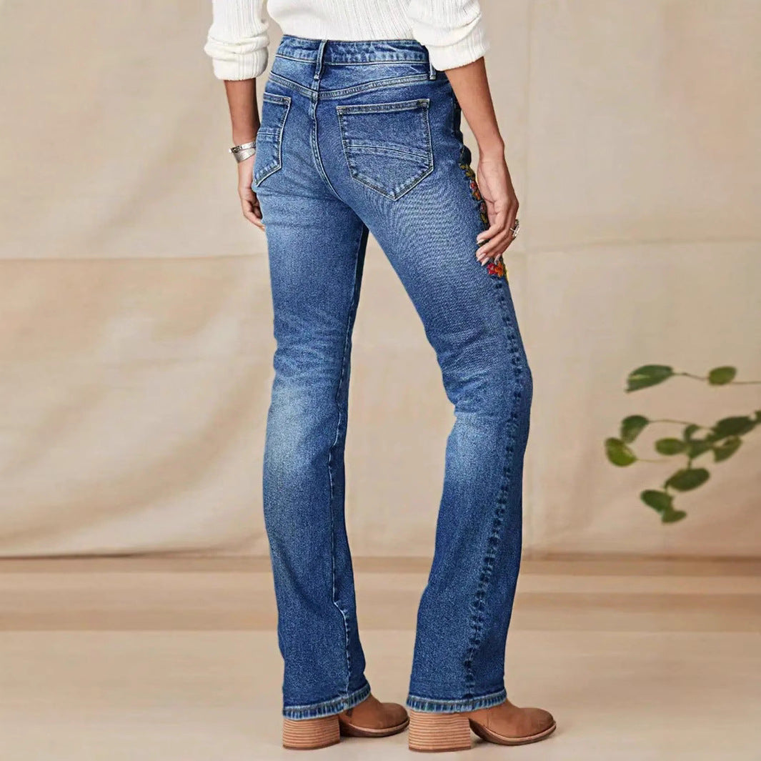 Women's Bootcut Jeans with Side Floral Embroidery and Comfortable Stretch Waistband Mune Fashion