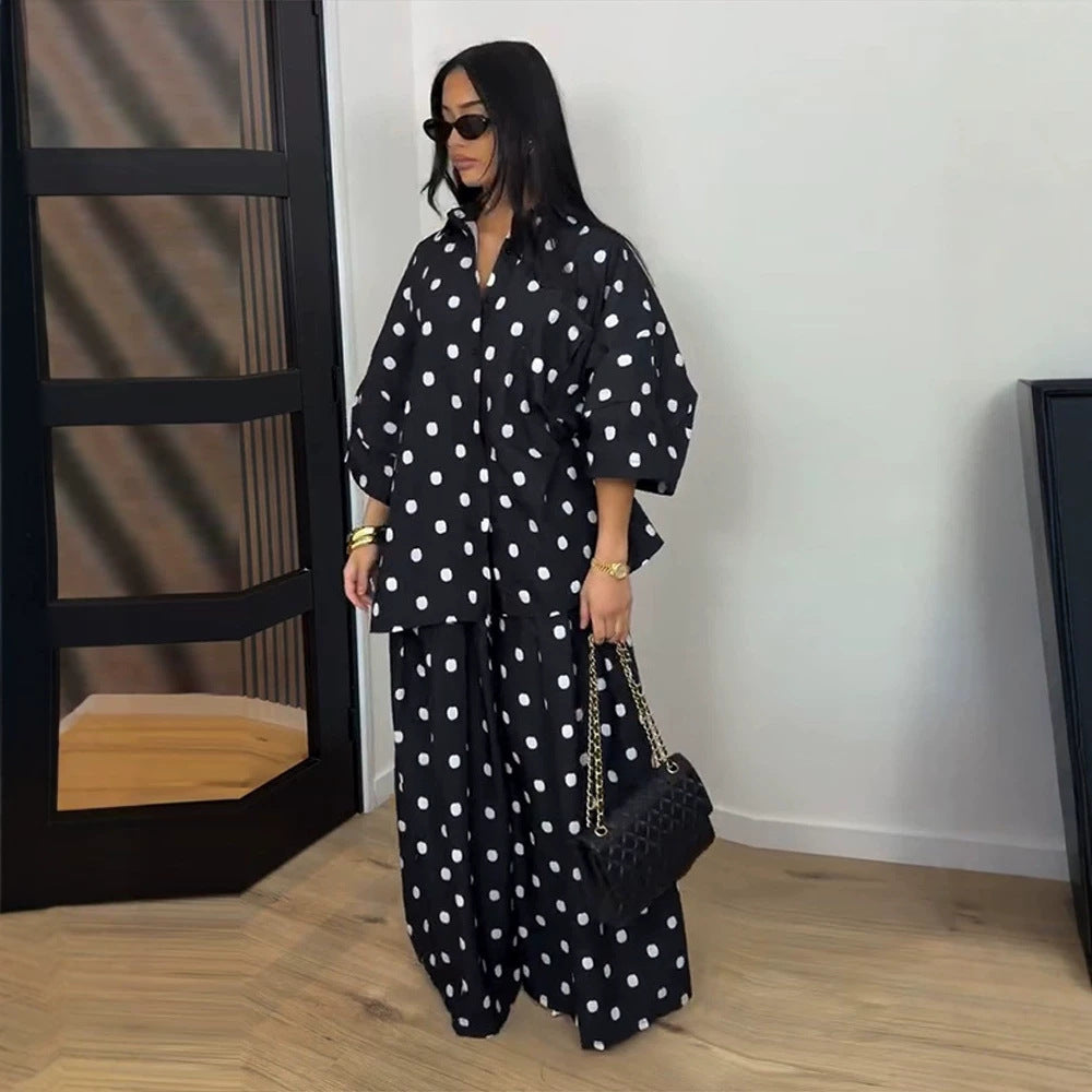 Women's Two-Piece Oversized Blouse and Palazzo Pants Set with Polka Dot Pattern Mune Fashion