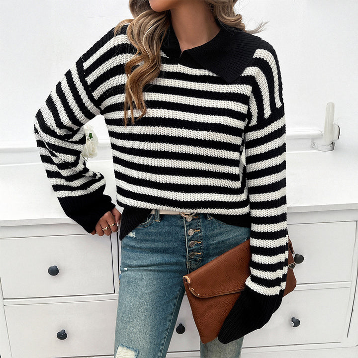 Ladies knitted striped polo collar sweater with wide hem and flared cuffs Mune Fashion