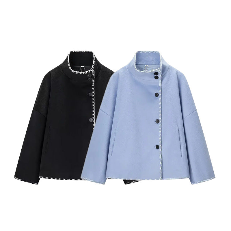 Women's nan castiger short coat with stand-up collar contrasting decorative stitching and side pockets Mune Fashion