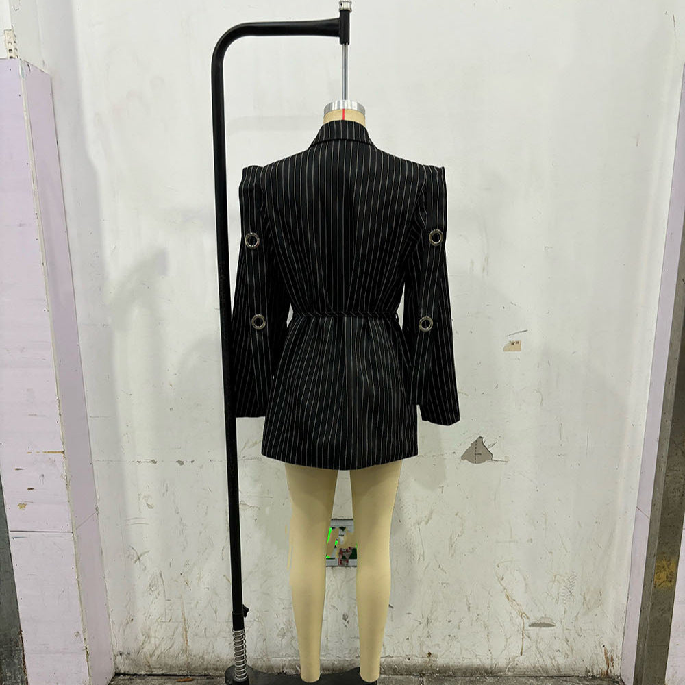 Women's fitted pinstriped blazer with decorative eyelets and drawstring Mune Fashion