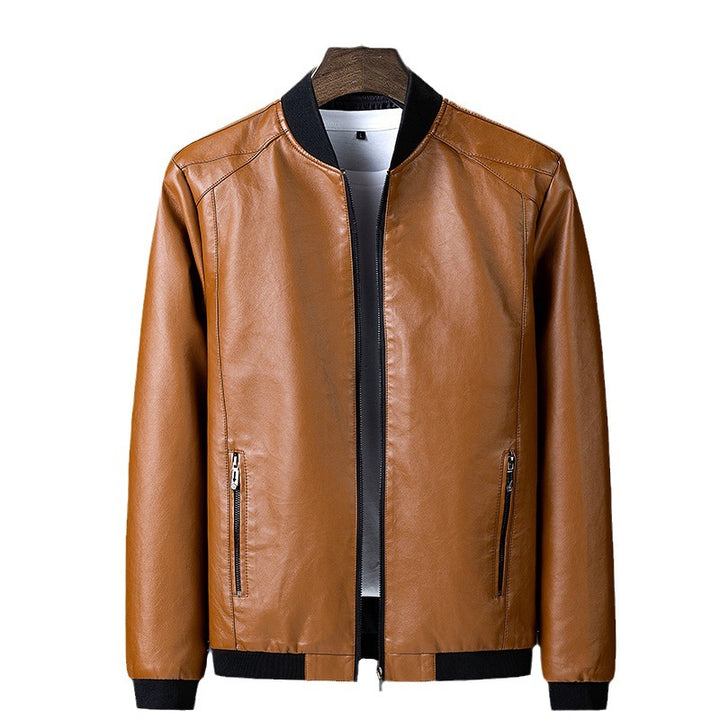 Men's smooth leather look bomber jacket with stand-up collar, zippered pockets, and elastic cuffs Mune Fashion