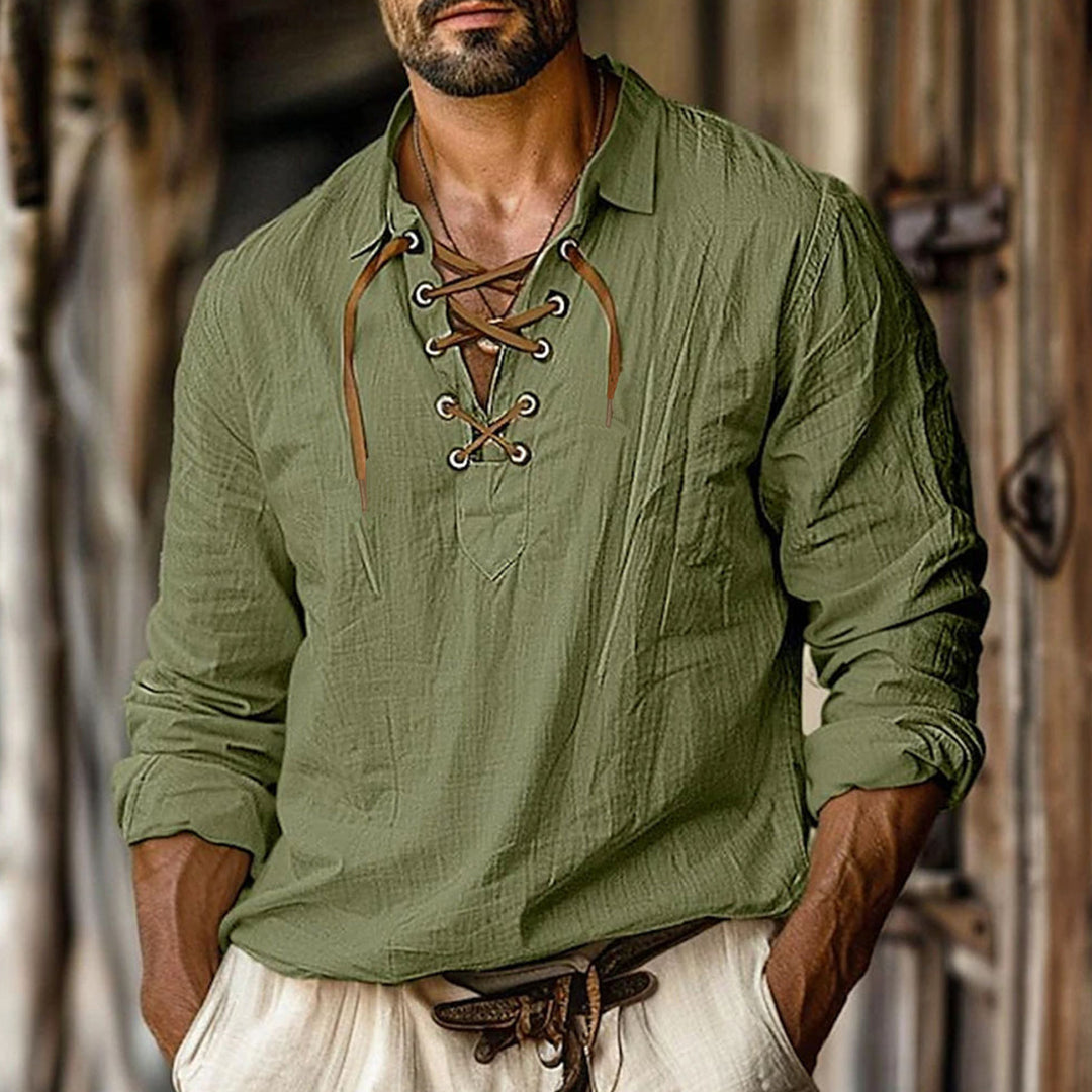 Men's rustic linen long sleeve shirt with V-lacing and textured weave structure Mune Fashion