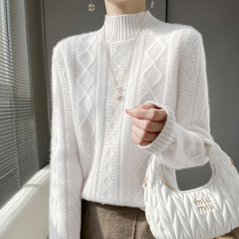 Women's cable-knit mock neck sweater with fine ajour detail and fluffy cashmere look Mune Fashion
