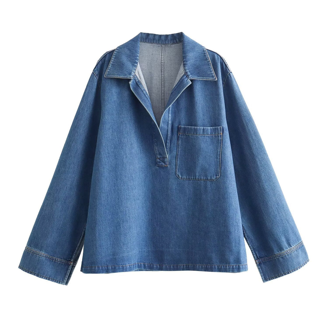 Women's oversized jeans pullover with open V-neck, large chest pocket, and boxy fit Mune Fashion