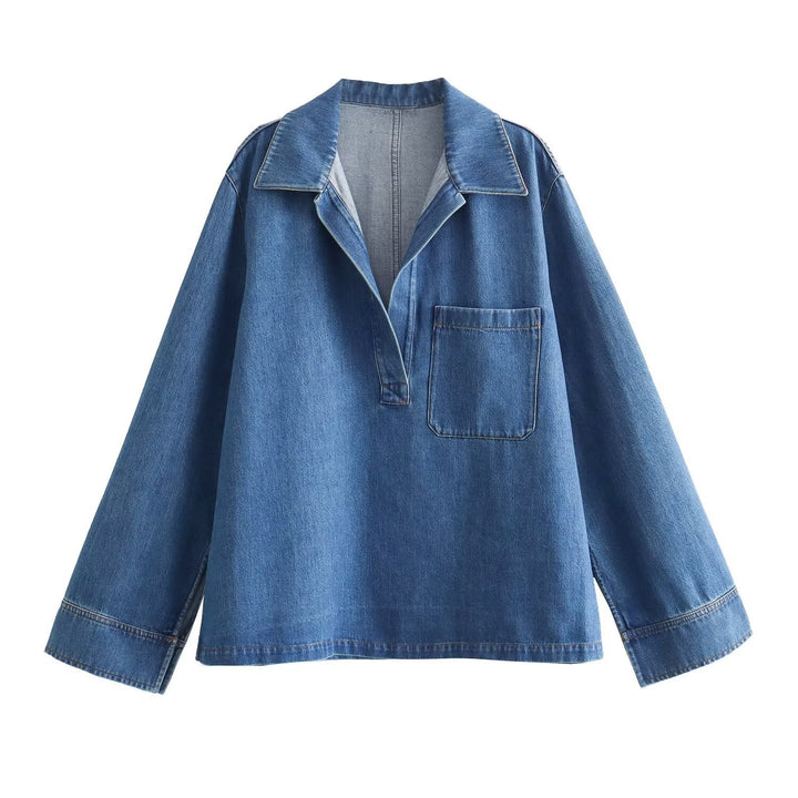 Women's oversized jeans pullover with open V-neck, large chest pocket, and boxy fit Mune Fashion