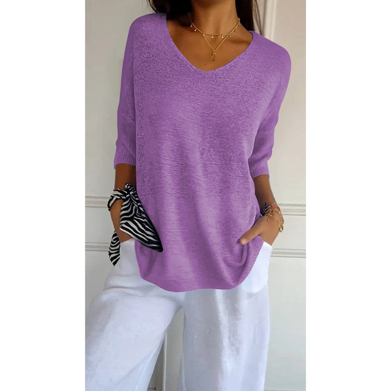 Women's relaxed fit V-neck fine knit pullover with three-quarter sleeves Mune Fashion