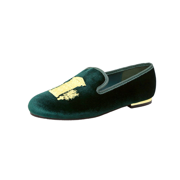 Ladies Velvet Slippers with Sun Embroidery and Gold Heel Cap Mune Fashion