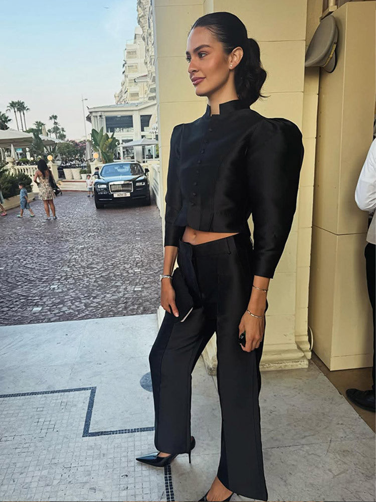 Women Satin Two-Piece with Tailored Short Jacket, Stand Collar & High-Waist Wide Pants Mune Fashion