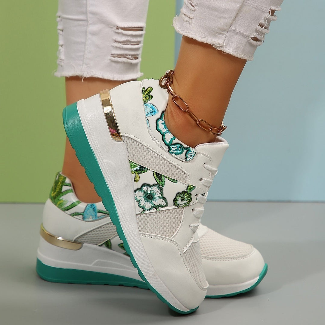 Women Wedge Sneakers with Floral Embroidery, Mesh Inserts and Metal Application Mune Fashion