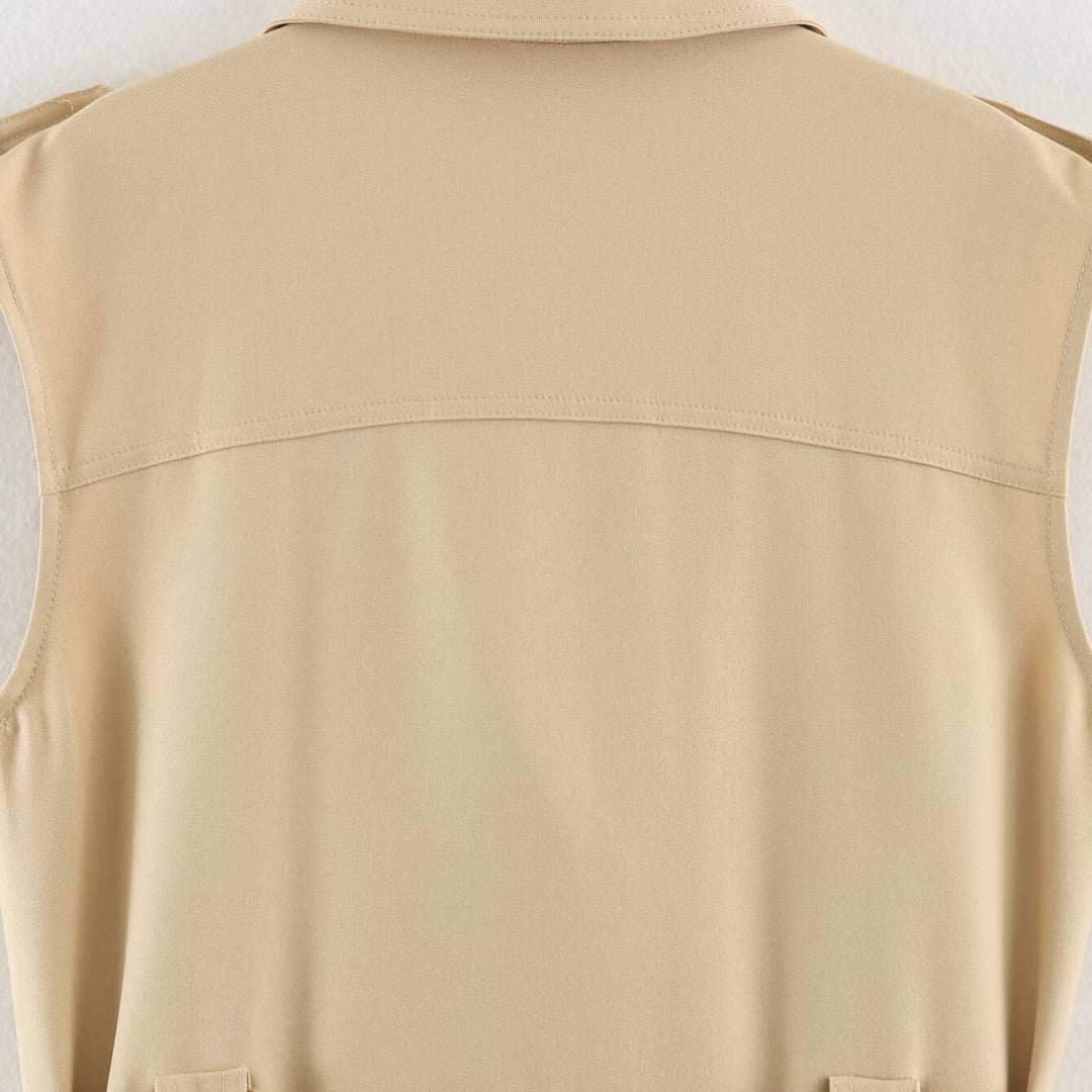 Women's Sleeveless Tailored Trench Dress with Tie Belt and Flap Pockets Mune Fashion