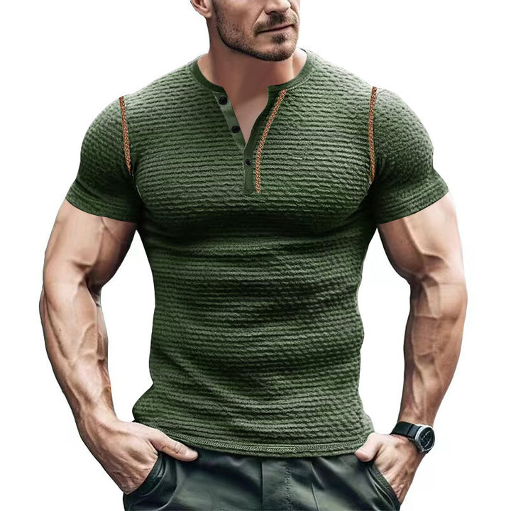 Men's structured short-sleeve henley with three-dimensional relief structure, reinforced button placket, and contrast piping Mune Fashion