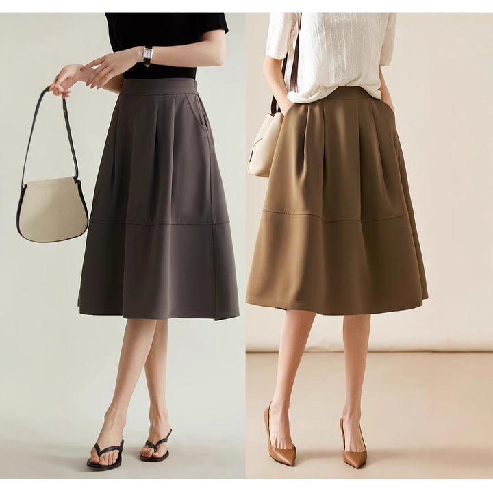 Women Elegant Midi Skirt with Pleats and High Waist Mune Fashion