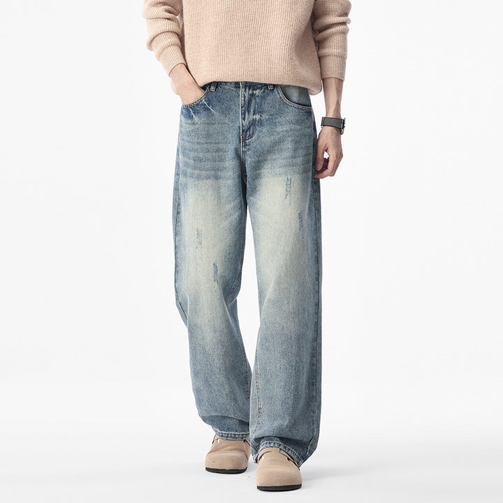 Men's relaxed denim trousers with extra wide leg, stone wash effect and subtle used details Mune Fashion