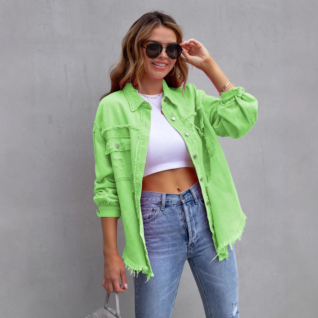 Women's oversized utility denim shirt jacket with fringe trim and patch pockets Mune Fashion