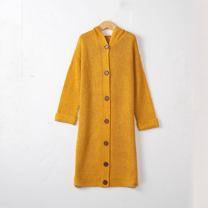 Women's Hooded Long Cardigan made of medium-thick ribbed knit with a full button placket and loose oversized cut Mune Fashion
