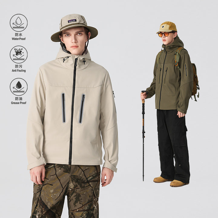 Men's multifunctional softshell jacket with ergonomic weather protection, adjustable hood and vertical zip pockets Mune Fashion