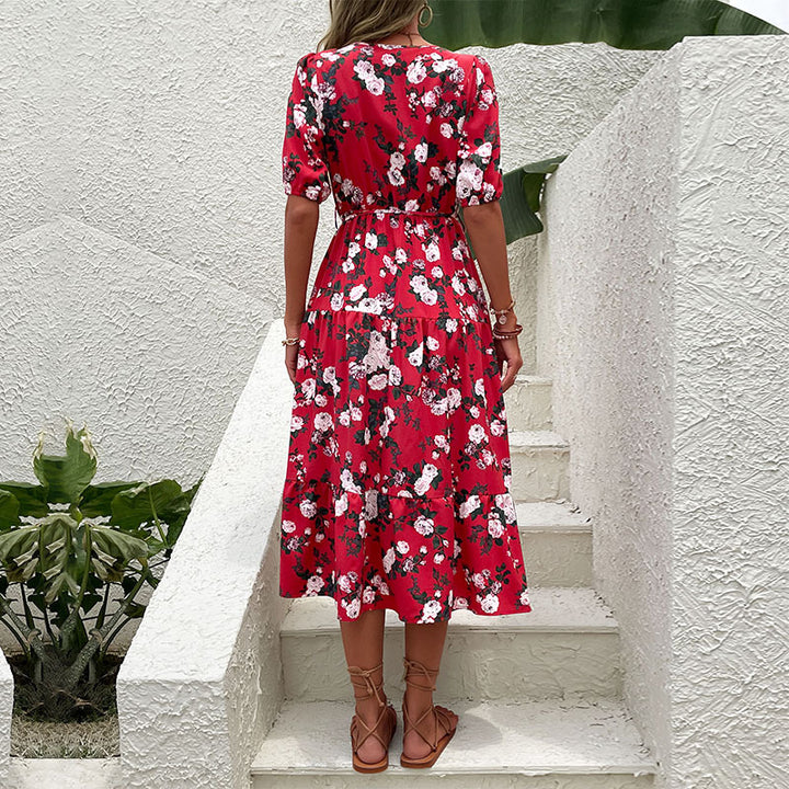 Women's Floral Midi Dress with V-Neck, Tie Belt, Ruffle Layers and Leg Slit Mune Fashion