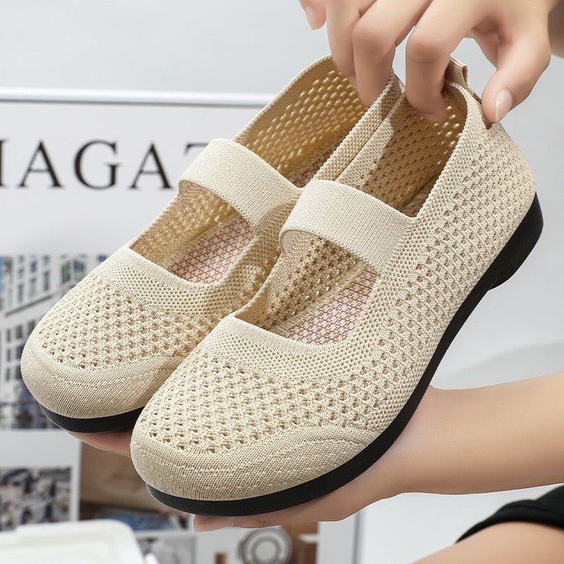 Ladies knitted Mary-Jane comfort ballerina with breathable open knit, elastic strap and cushioning lightweight sole Mune Fashion
