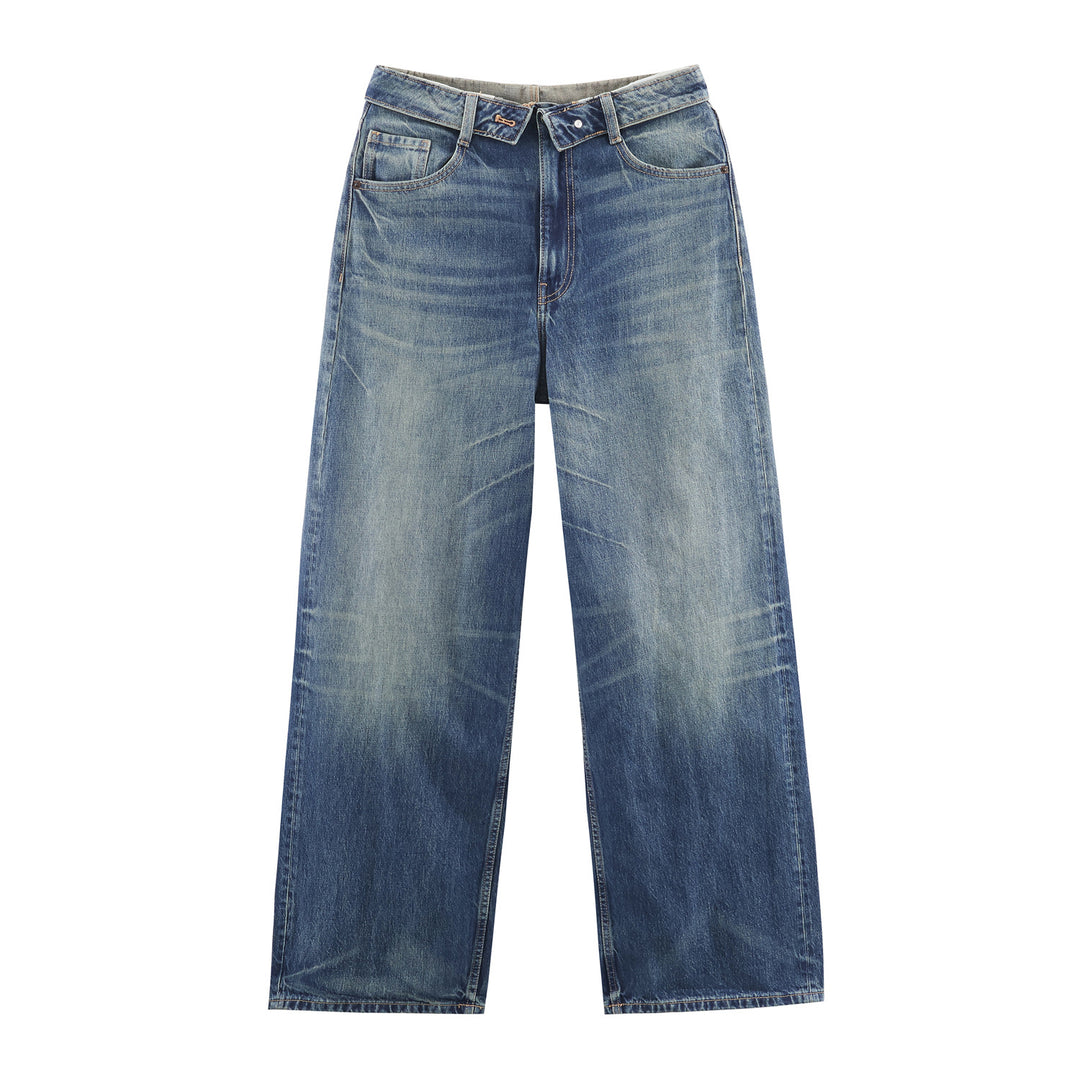 Women's wide jeans with a high waistband worn look straight leg and fringe rips Mune Fashion