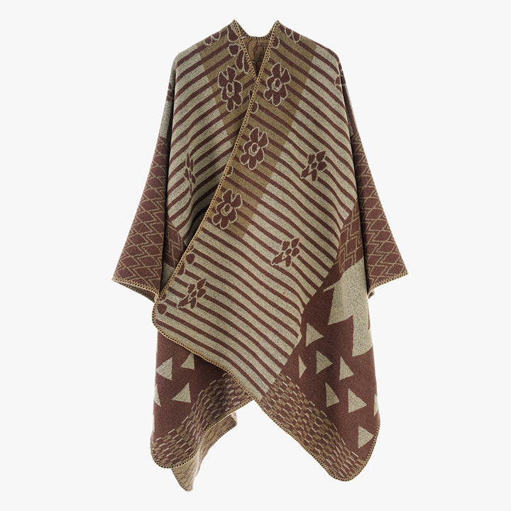 Women Versatile Knit Poncho in Patchwork Jacquard with V-Neck and Asymmetrical Points Hem Mune Fashion