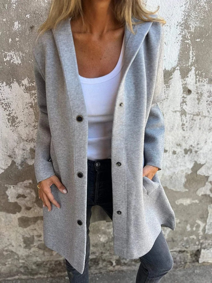 Women's hooded coat mid-length cotton blend with snap button placket and side pockets Mune Fashion