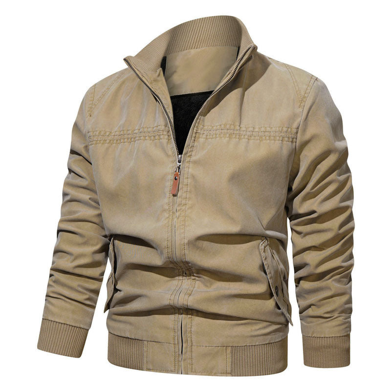 Men's Cotton Canvas Zip Blouson in Vintage Look with Structured Stand Collar and Ribbed Cuffs Mune Fashion