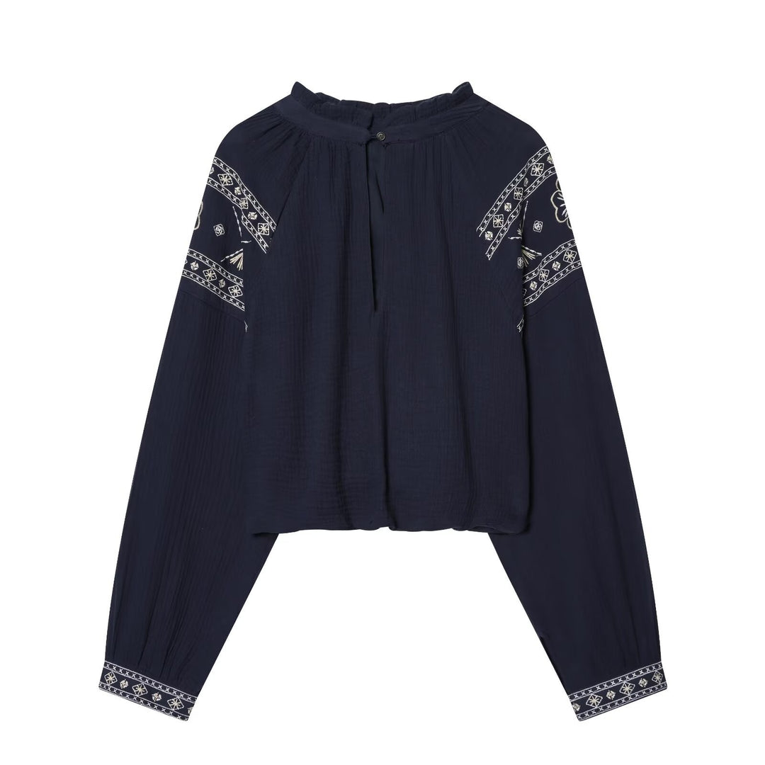 Women nan embroidered Boho blouse with gathered stand collar, balloon sleeves, and short hem Mune Fashion