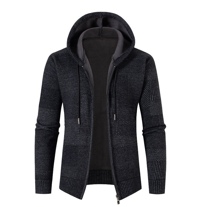 Men's structured knit zip hoodie with lined hood and graphic patch pattern Mune Fashion