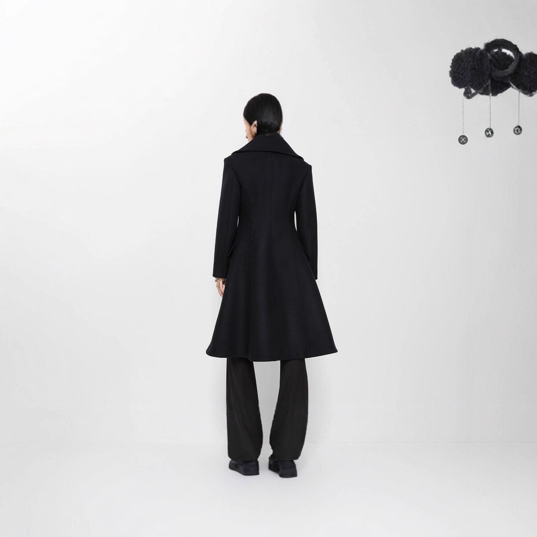Women's Tailored Double-Breasted Wool Coat with Wide Shawl Collar and Flared Hem Mune Fashion