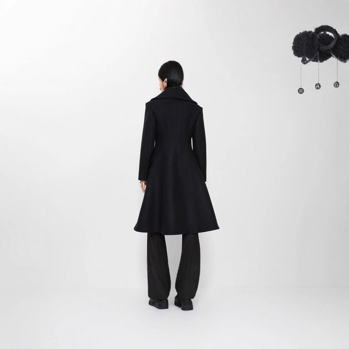 Women's Tailored Double-Breasted Wool Coat with Wide Shawl Collar and Flared Hem Mune Fashion