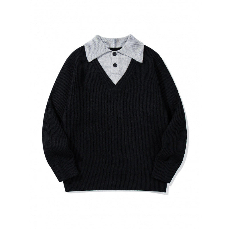 Unisex chunky knit boxy sweater with V-neck and contrasting polo button collar Mune Fashion