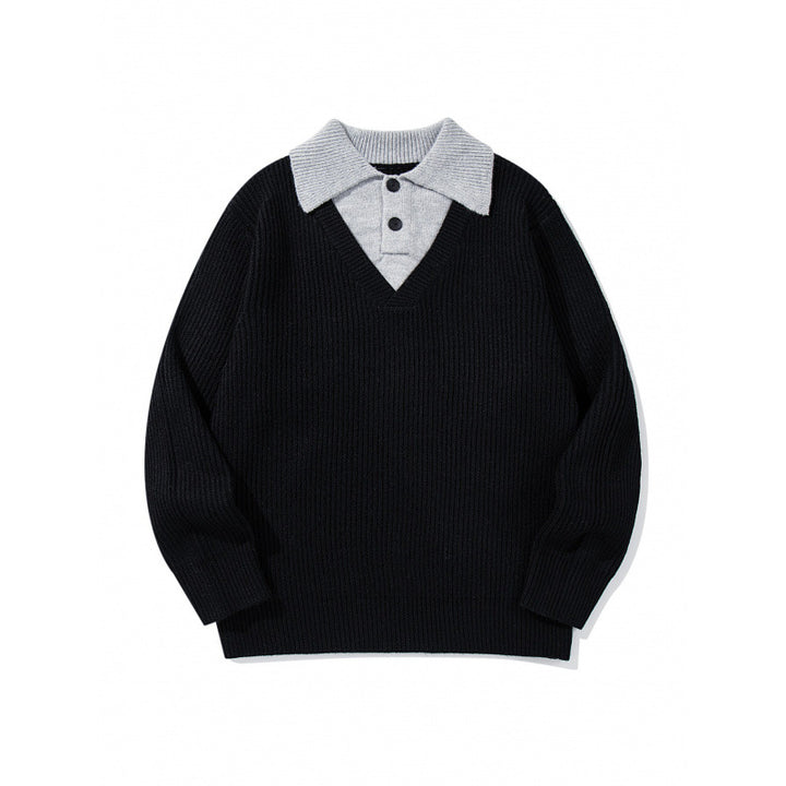 Unisex chunky knit boxy sweater with V-neck and contrasting polo button collar Mune Fashion