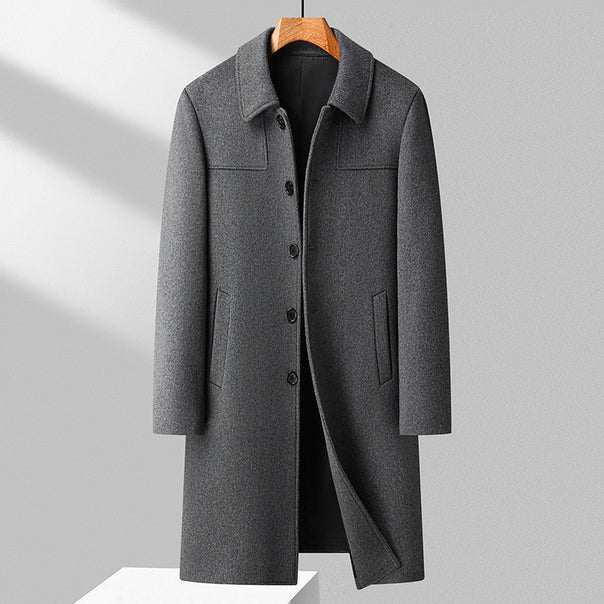 Men's Elegant Long Coat Made of Wool Blend with Classic Collar Mune Fashion