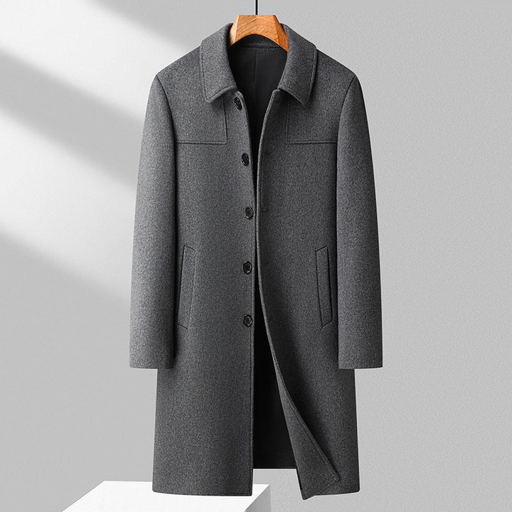 Men's Elegant Long Coat Made of Wool Blend with Classic Collar Mune Fashion