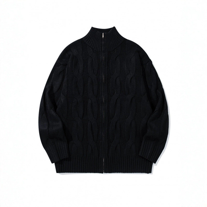 Unisex Chunky Knit Zip-up Cardigan with Cable Pattern and High Ribbed Collar Mune Fashion