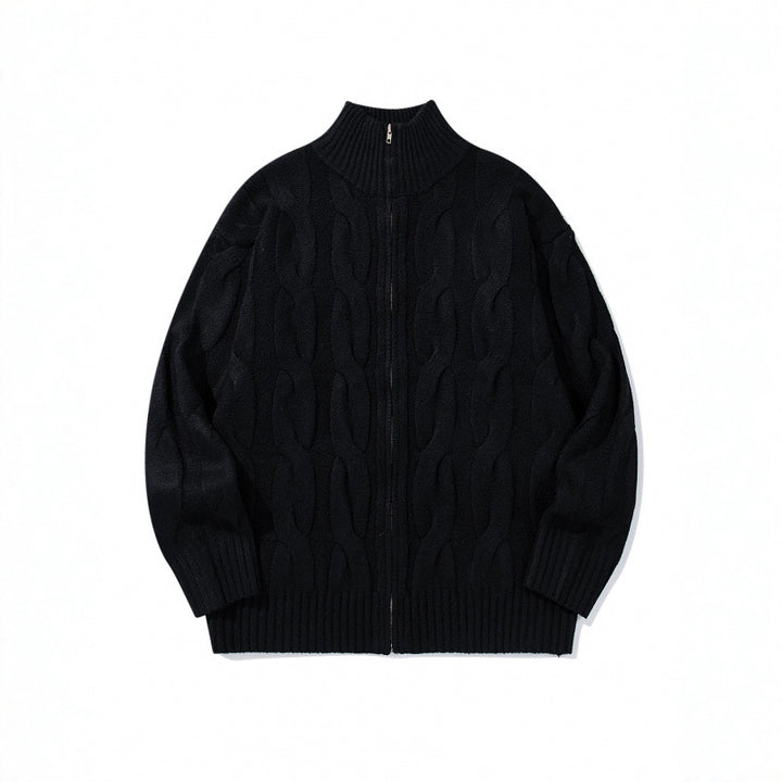 Unisex Chunky Knit Zip-up Cardigan with Cable Pattern and High Ribbed Collar Mune Fashion