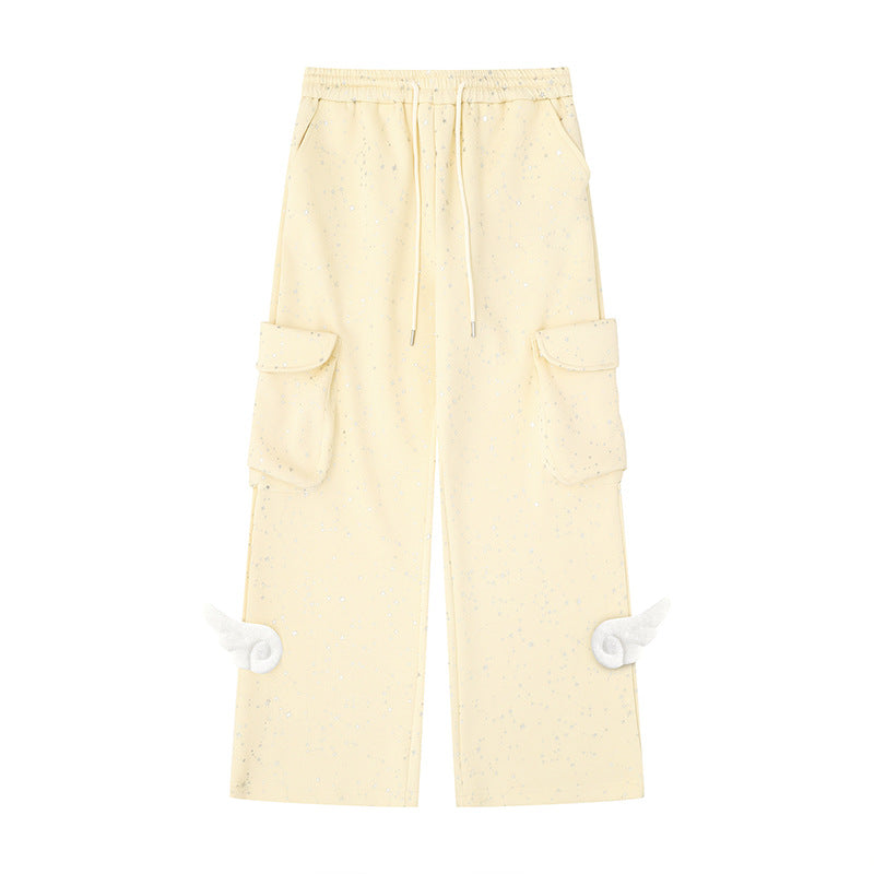 Women's Extra Wide Cargo Palazzo Sweatpants with Drawstring Waistband and Decorative Wing Appliqués Mune Fashion