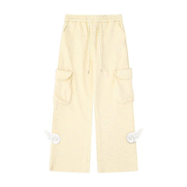 Women's Extra Wide Cargo Palazzo Sweatpants with Drawstring Waistband and Decorative Wing Appliqués Mune Fashion