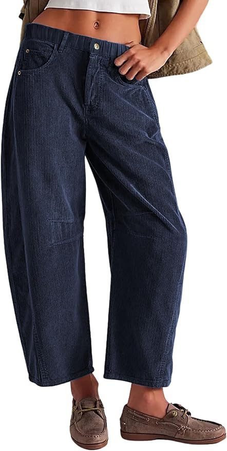 Women Wide Cord Pants with High Waist, Cropped Leg and Side Pockets Mune Fashion