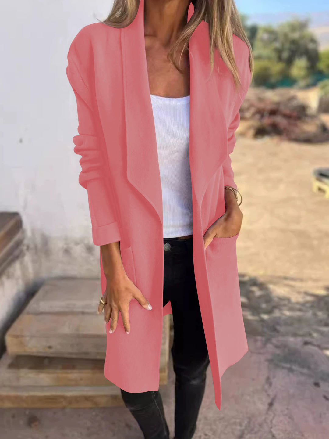 Women Longline Blazer with Shawl Collar, Open Cut and Patch Pockets Mune Fashion
