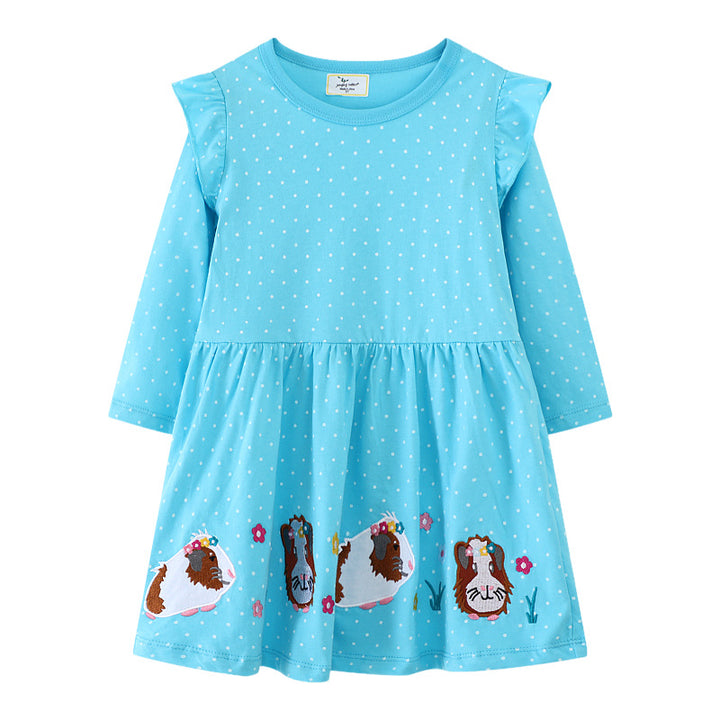 Girl Long Sleeve Dress with Cheerful Guinea Pig Motif Mune Fashion