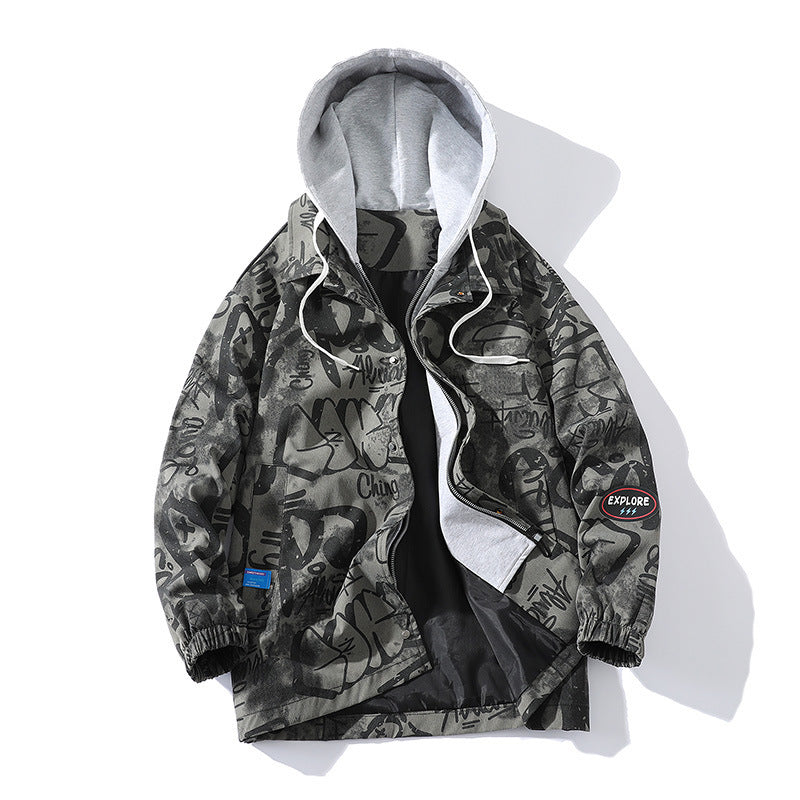Men's Graffiti Print Hooded Parka with Zip-In Fleece Inner Layer Mune Fashion