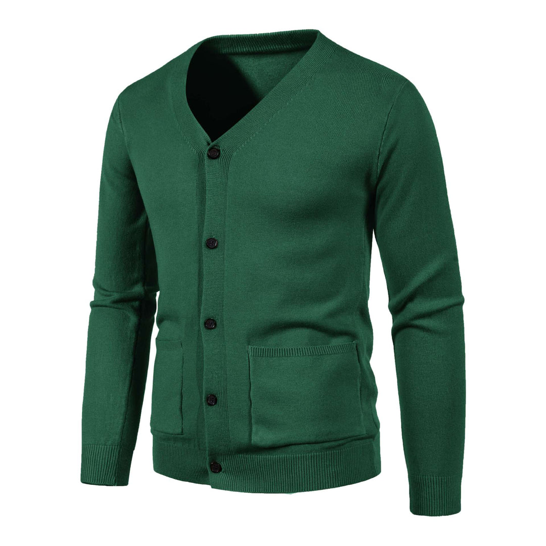 Men's lightweight fine-knit cardigan with V-neck, full button placket, and patch pockets Mune Fashion