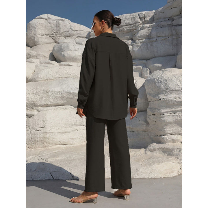 Women's Two-Piece Linen Look Loungewear Set with Oversized Shirt and Wide Comfort Palazzo Mune Fashion