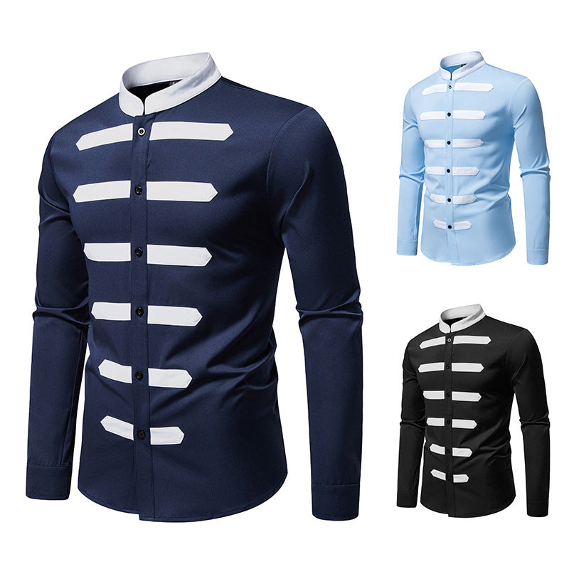 Men's Slim-Fit Shirt with Stand Collar and Decorative Piping Stripes Mune Fashion