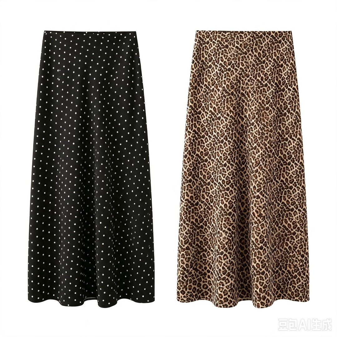Women's midi skirt made of flowing satin quality in A-line with leopard print.