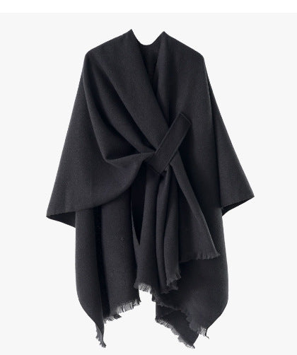 Women's lightweight wool blend wrap with fringes and tie belt Mune Fashion
