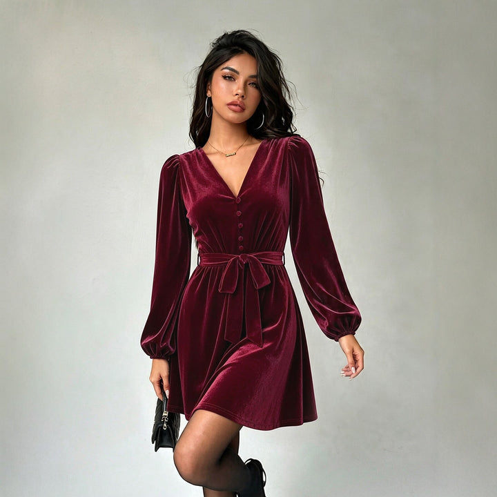 Women's elegant velvet mini dress with V-neck, button placket, balloon sleeves, and waist belt.